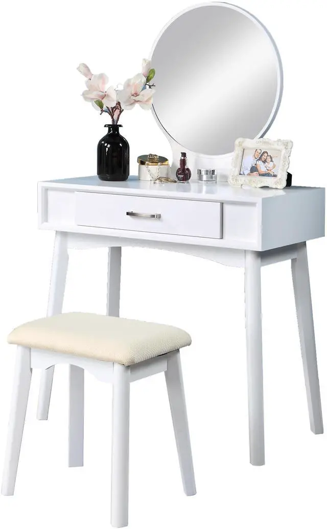 Alt view image 6 of 7 - Maly Contemporary Wood Vanity and Stool Set, White