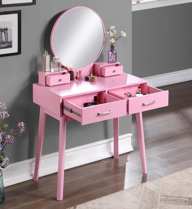 Alt view image 3 of 7 - Liannon Contemporary Wood Vanity and Stool Set, Pink