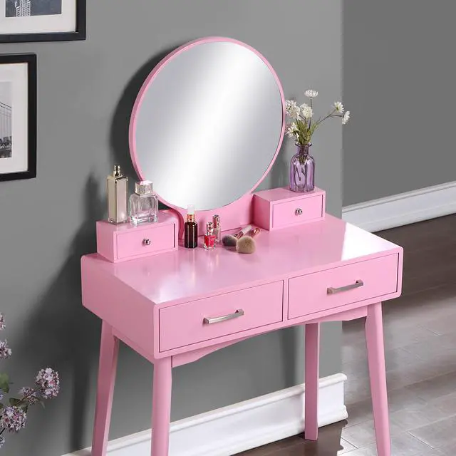 Alt view image 4 of 7 - Liannon Contemporary Wood Vanity and Stool Set, Pink