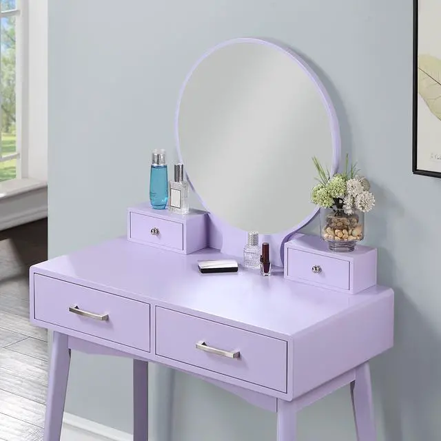 Alt view image 4 of 7 - Liannon Contemporary Wood Vanity and Stool Set, Purple