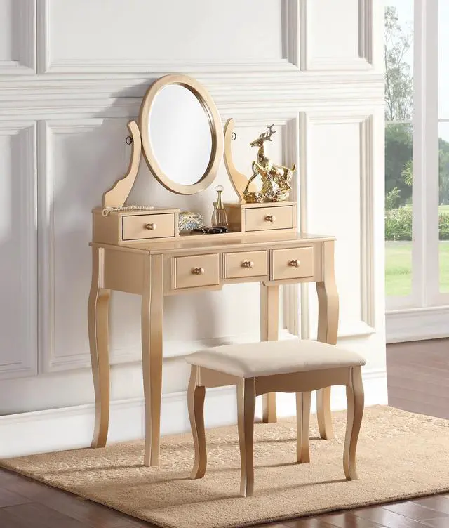 Alt view image 2 of 7 - Ashley Wood Make-Up Vanity Table and Stool Set, Ashley Wood Makeup Vanity Table and Stool Set, Gold