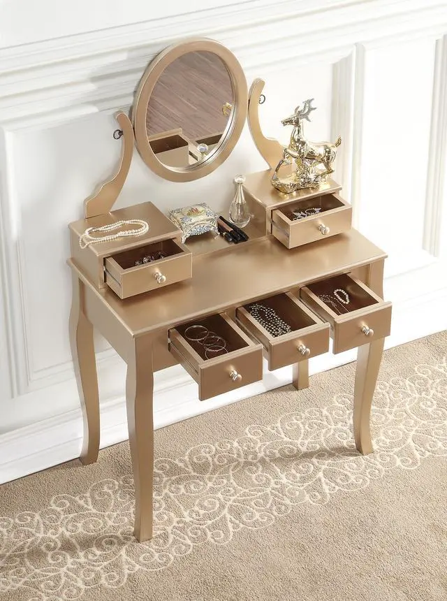 Alt view image 3 of 7 - Ashley Wood Make-Up Vanity Table and Stool Set, Ashley Wood Makeup Vanity Table and Stool Set, Gold