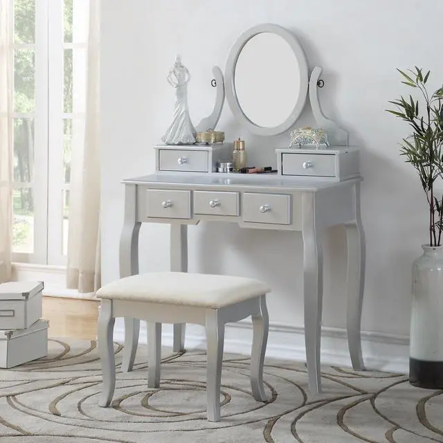 Alt view image 2 of 7 - Ashley Wood Make-Up Vanity Table and Stool Set, Silver