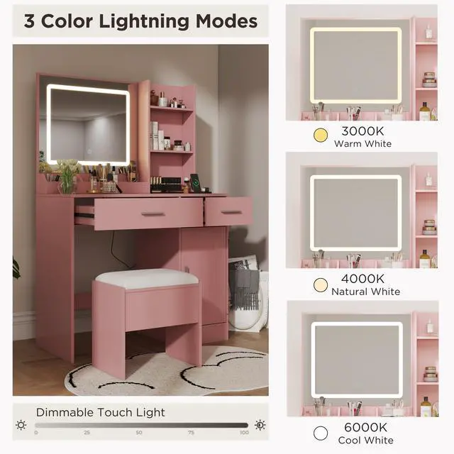Alt view image 3 of 7 - Lavin Makeup Vanity Set, Vanity Desk with Stool, LED Light Mirror and Charging Station, Pink