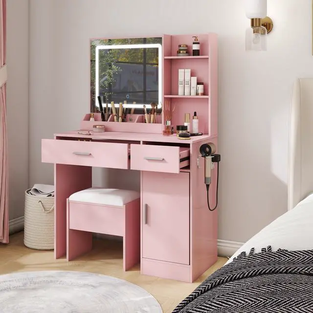 Alt view image 4 of 7 - Lavin Makeup Vanity Set, Vanity Desk with Stool, LED Light Mirror and Charging Station, Pink