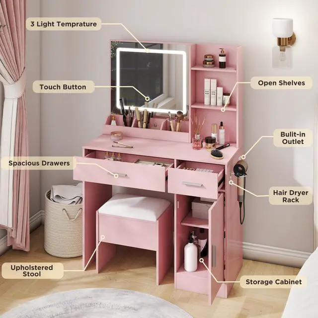 Alt view image 2 of 7 - Lavin Makeup Vanity Set, Vanity Desk with Stool, LED Light Mirror and Charging Station, Pink