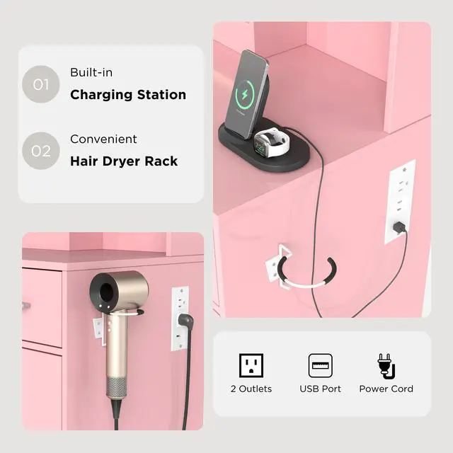 Alt view image 5 of 7 - Lavin Makeup Vanity Set, Vanity Desk with Stool, LED Light Mirror and Charging Station, Pink