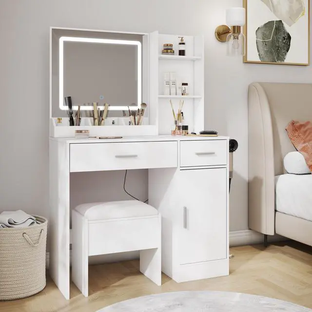 Main image of Lavin Makeup Vanity Set, Vanity Desk with Stool, LED Light Mirror and Charging Station, White