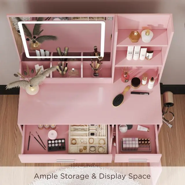 Alt view image 6 of 7 - Lavin Makeup Vanity Set, Vanity Desk with Stool, LED Light Mirror and Charging Station, Pink