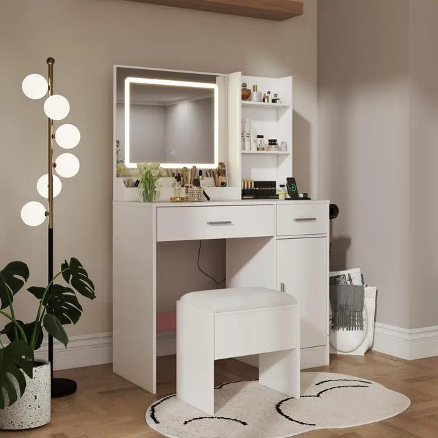 Alt view image 5 of 7 - Lavin Makeup Vanity Set, Vanity Desk with Stool, LED Light Mirror and Charging Station, White