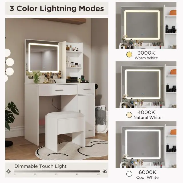 Alt view image 3 of 7 - Lavin Makeup Vanity Set, Vanity Desk with Stool, LED Light Mirror and Charging Station, White