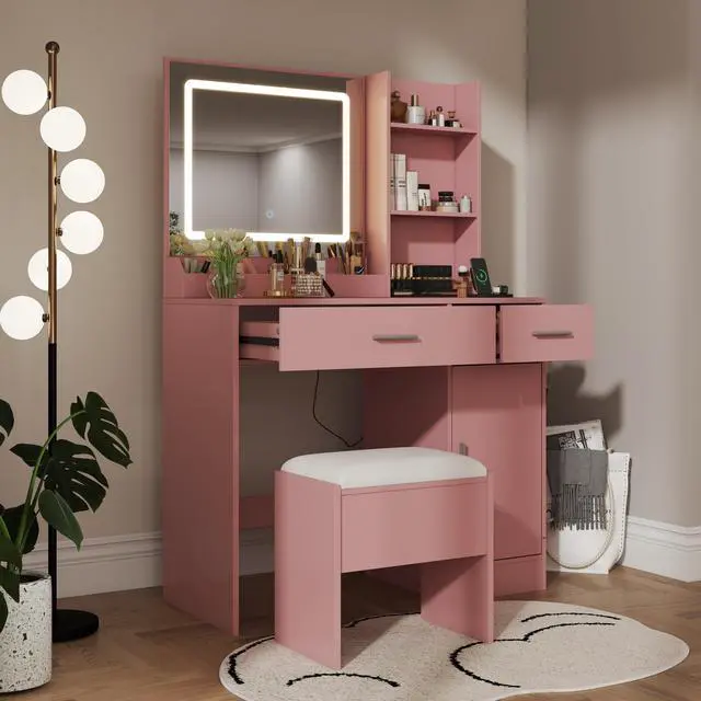 Alt view image 7 of 7 - Lavin Makeup Vanity Set, Vanity Desk with Stool, LED Light Mirror and Charging Station, Pink