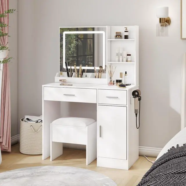 Alt view image 4 of 7 - Lavin Makeup Vanity Set, Vanity Desk with Stool, LED Light Mirror and Charging Station, White