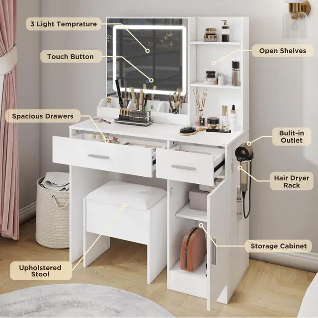 Alt view image 6 of 7 - Lavin Makeup Vanity Set, Vanity Desk with Stool, LED Light Mirror and Charging Station, White