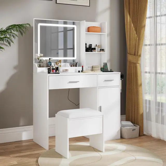 Alt view image 7 of 7 - Lavin Makeup Vanity Set, Vanity Desk with Stool, LED Light Mirror and Charging Station, White