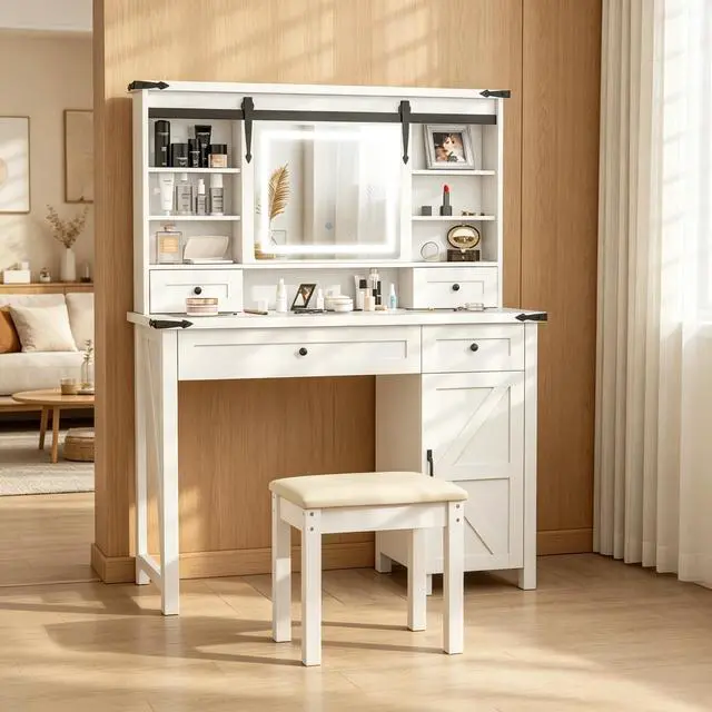 Alt view image 2 of 7 - Modern Beauty Console,Vanity Set with LED Mirror & Cushioned Stool,Vanity Unit,Storage Dressing Table,Vanity Table Furniture Set(Only 1pcs Dressing Table,1pcs Dressing Stool)