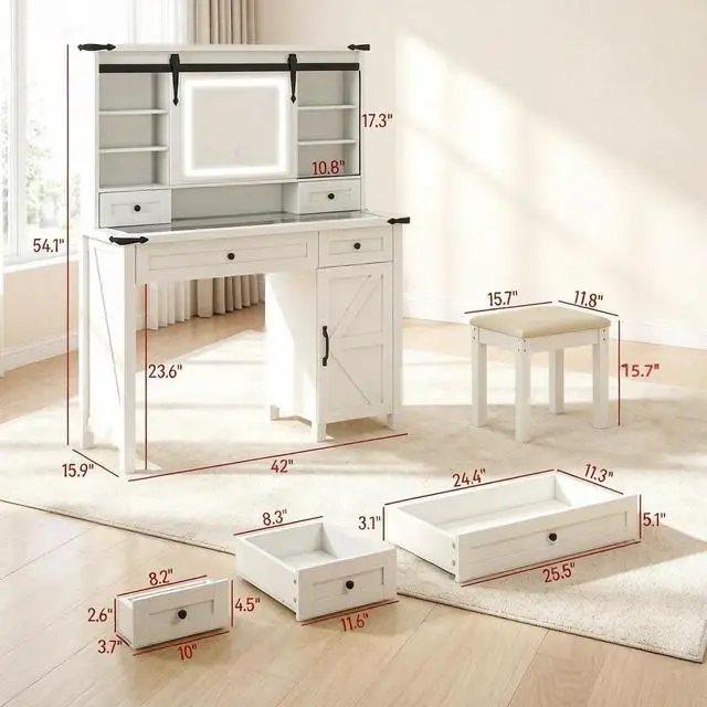 Alt view image 3 of 7 - Modern Beauty Console,Vanity Set with LED Mirror & Cushioned Stool,Vanity Unit,Storage Dressing Table,Vanity Table Furniture Set(Only 1pcs Dressing Table,1pcs Dressing Stool)