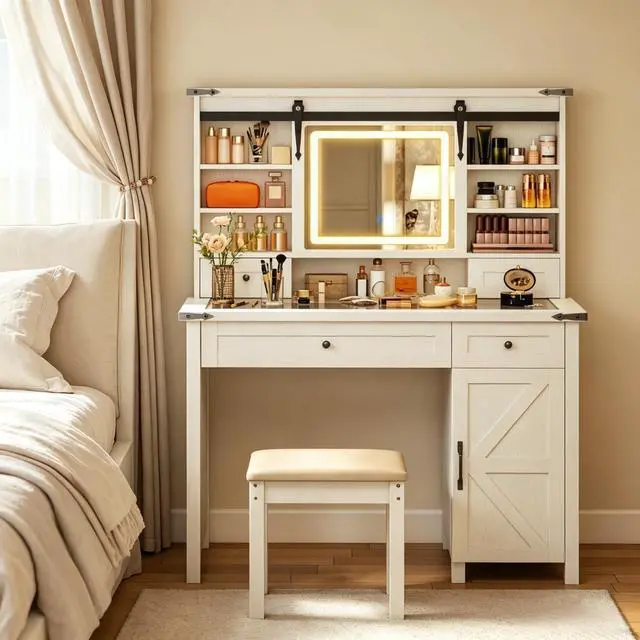 Alt view image 7 of 7 - Modern Beauty Console,Vanity Set with LED Mirror & Cushioned Stool,Vanity Unit,Storage Dressing Table,Vanity Table Furniture Set(Only 1pcs Dressing Table,1pcs Dressing Stool)