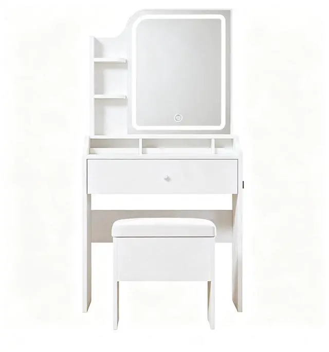Main image of White vanity set includes smart LED mirror, women's bedroom makeup table with storage; suitable for bedrooms, living rooms, dormitories, etc.