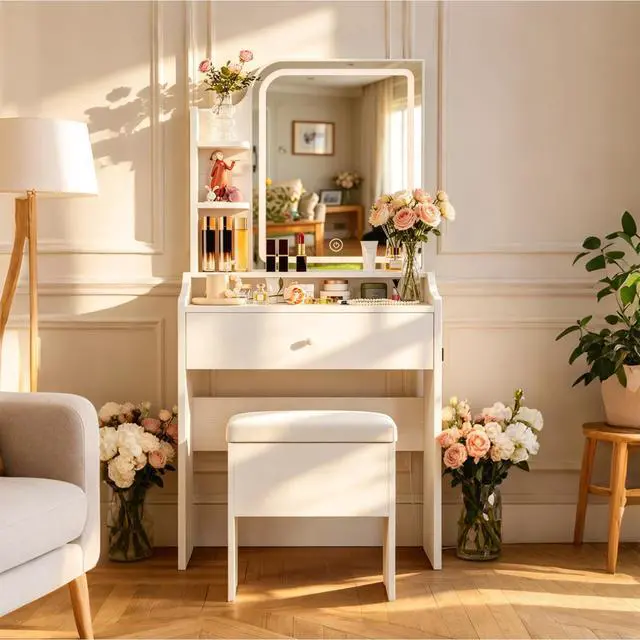 Alt view image 2 of 7 - White vanity set includes smart LED mirror, women's bedroom makeup table with storage; suitable for bedrooms, living rooms, dormitories, etc.