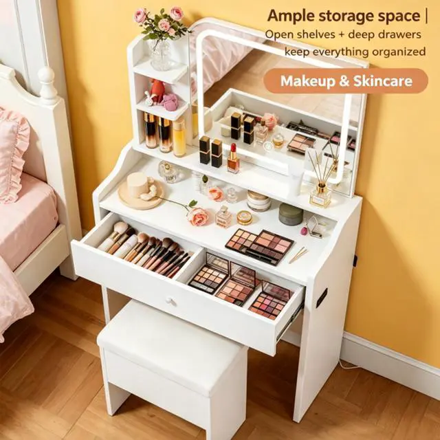 Alt view image 4 of 7 - White vanity set includes smart LED mirror, women's bedroom makeup table with storage; suitable for bedrooms, living rooms, dormitories, etc.