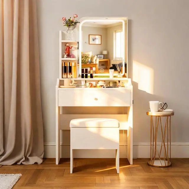 Alt view image 5 of 7 - White vanity set includes smart LED mirror, women's bedroom makeup table with storage; suitable for bedrooms, living rooms, dormitories, etc.