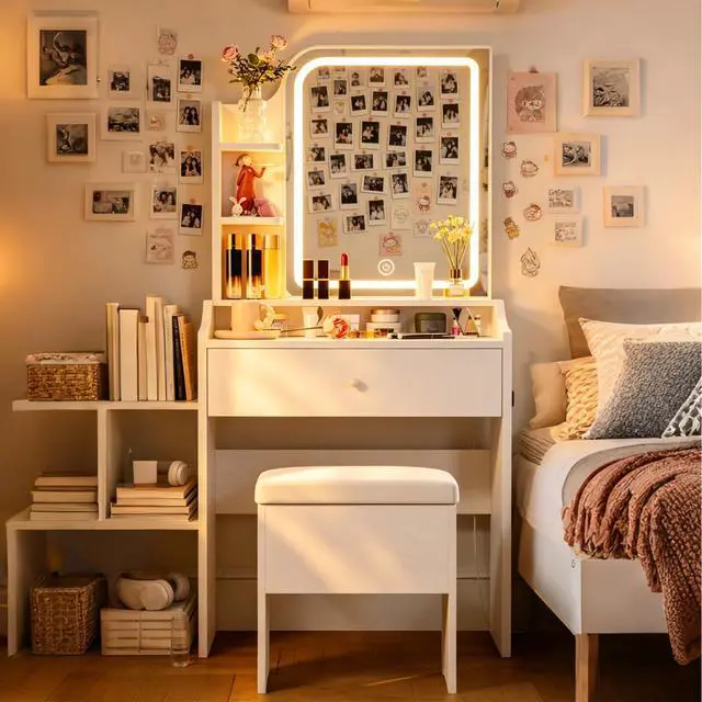 Alt view image 7 of 7 - White vanity set includes smart LED mirror, women's bedroom makeup table with storage; suitable for bedrooms, living rooms, dormitories, etc.