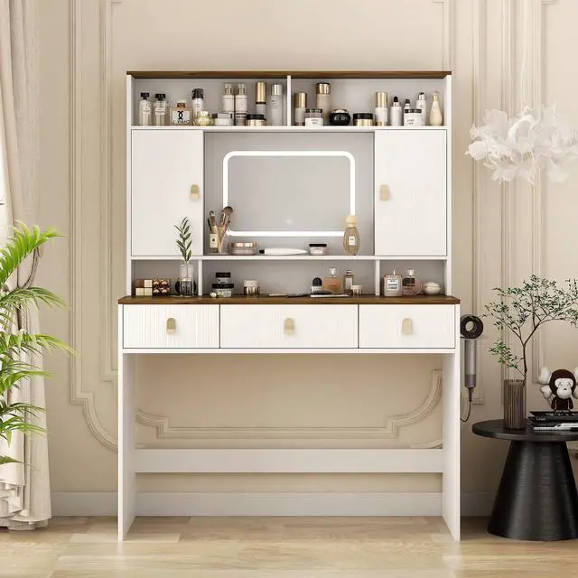 Main image of Farmhouse Dressing Table Makeup Table, 43" Wide Dressing Table with Lighted Mirror and Makeup Drawer, Large Modern Dressing Table Set with Hair Dryer Holder for Bedroom, White