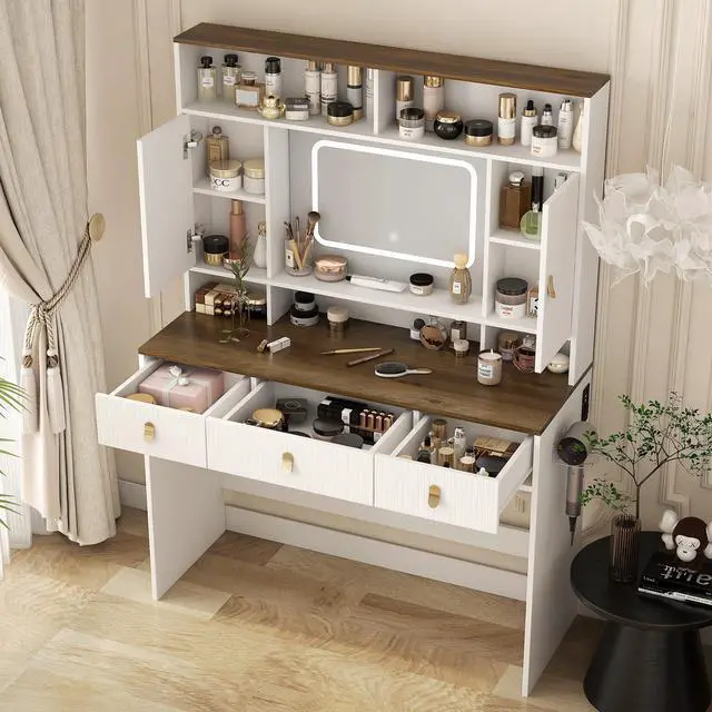 Alt view image 3 of 7 - Farmhouse Dressing Table Makeup Table, 43" Wide Dressing Table with Lighted Mirror and Makeup Drawer, Large Modern Dressing Table Set with Hair Dryer Holder for Bedroom, White