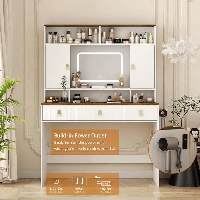 Alt view image 5 of 7 - Farmhouse Dressing Table Makeup Table, 43" Wide Dressing Table with Lighted Mirror and Makeup Drawer, Large Modern Dressing Table Set with Hair Dryer Holder for Bedroom, White