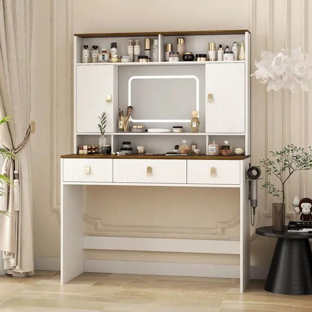 Alt view image 2 of 7 - Farmhouse Dressing Table Makeup Table, 43" Wide Dressing Table with Lighted Mirror and Makeup Drawer, Large Modern Dressing Table Set with Hair Dryer Holder for Bedroom, White