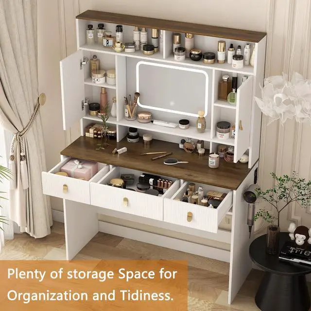 Alt view image 6 of 7 - Farmhouse Dressing Table Makeup Table, 43" Wide Dressing Table with Lighted Mirror and Makeup Drawer, Large Modern Dressing Table Set with Hair Dryer Holder for Bedroom, White