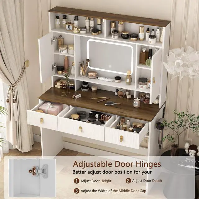 Alt view image 7 of 7 - Farmhouse Dressing Table Makeup Table, 43" Wide Dressing Table with Lighted Mirror and Makeup Drawer, Large Modern Dressing Table Set with Hair Dryer Holder for Bedroom, White