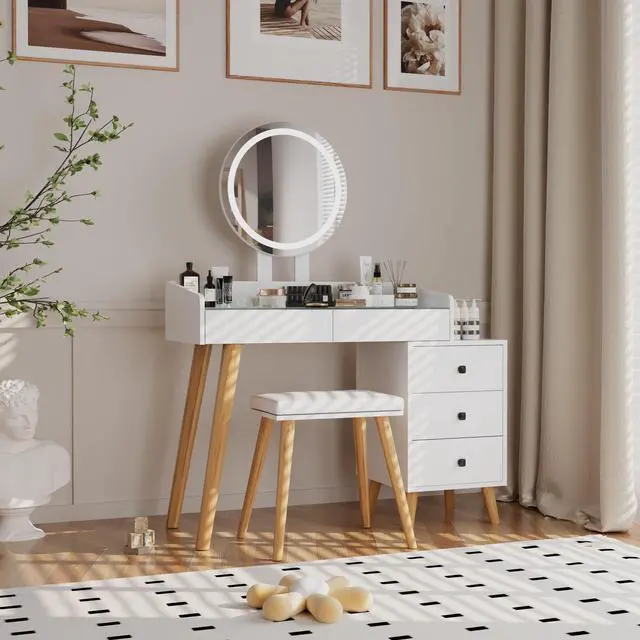 Alt view image 2 of 6 - Dressing Table with LED Lights Glass Top Dressing Table with Extendable Side Table 5 Drawers Dressing Table with Mirror and Stool for Bedroom