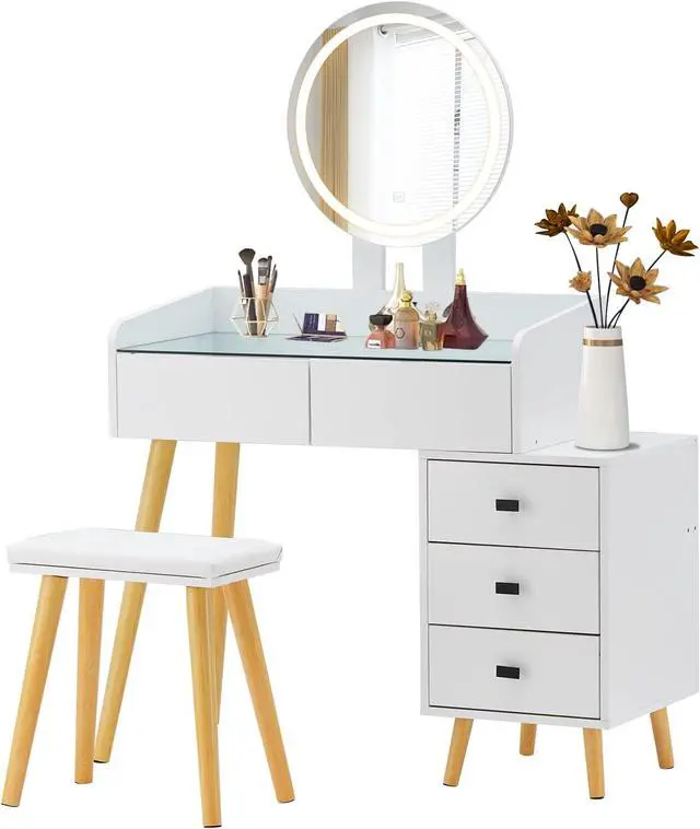 Alt view image 4 of 6 - Dressing Table with LED Lights Glass Top Dressing Table with Extendable Side Table 5 Drawers Dressing Table with Mirror and Stool for Bedroom