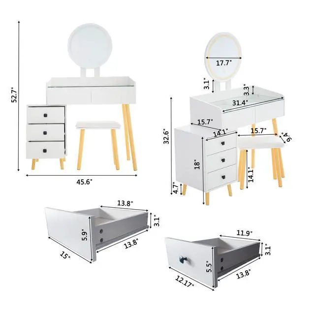Alt view image 5 of 6 - Dressing Table with LED Lights Glass Top Dressing Table with Extendable Side Table 5 Drawers Dressing Table with Mirror and Stool for Bedroom
