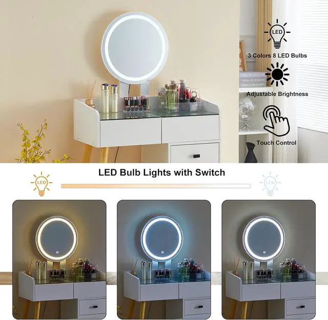 Alt view image 6 of 6 - Dressing Table with LED Lights Glass Top Dressing Table with Extendable Side Table 5 Drawers Dressing Table with Mirror and Stool for Bedroom