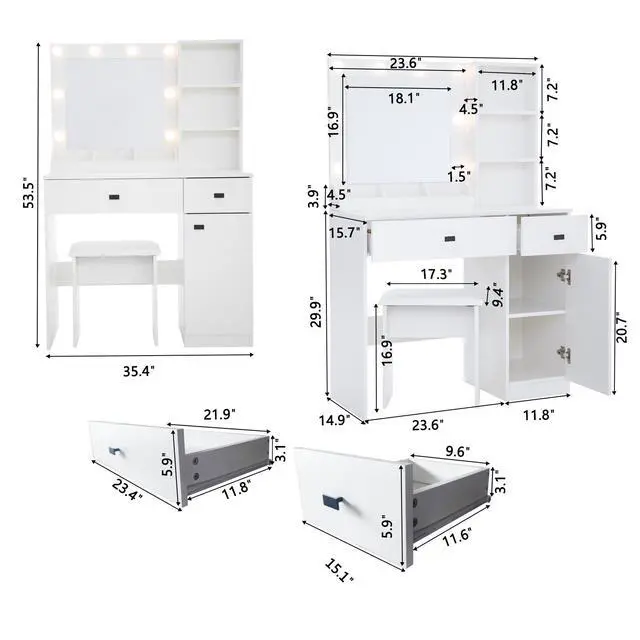 Alt view image 4 of 7 - Vanity Desk with Lights, Vanity Set with Mirror, Makeup Vanity Desk with Large Drawers & Three Level Storage Dreeser, Vanitys/Vanities with 3 Lights Brightness Adjustable for Bedroom, White