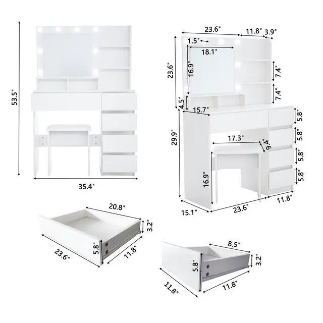 Alt view image 4 of 7 - Vanity, Makeup Vanity Desk Set with Mirror & Light, Dressing Table Storage Lots , 3 Lighting Modes with Adjustable Brightness, White with Stool