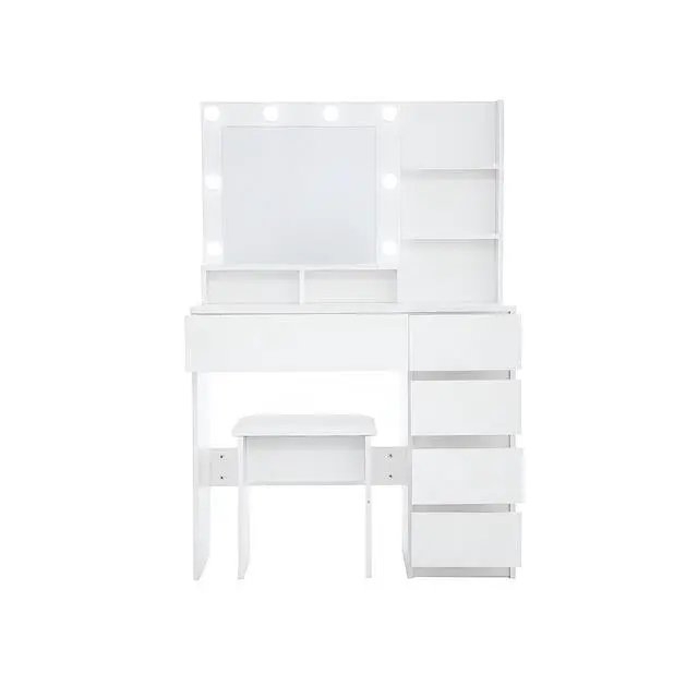Alt view image 5 of 7 - Vanity, Makeup Vanity Desk Set with Mirror & Light, Dressing Table Storage Lots , 3 Lighting Modes with Adjustable Brightness, White with Stool