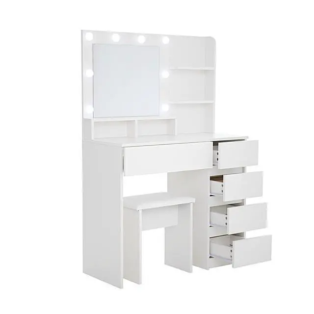 Alt view image 6 of 7 - Vanity, Makeup Vanity Desk Set with Mirror & Light, Dressing Table Storage Lots , 3 Lighting Modes with Adjustable Brightness, White with Stool