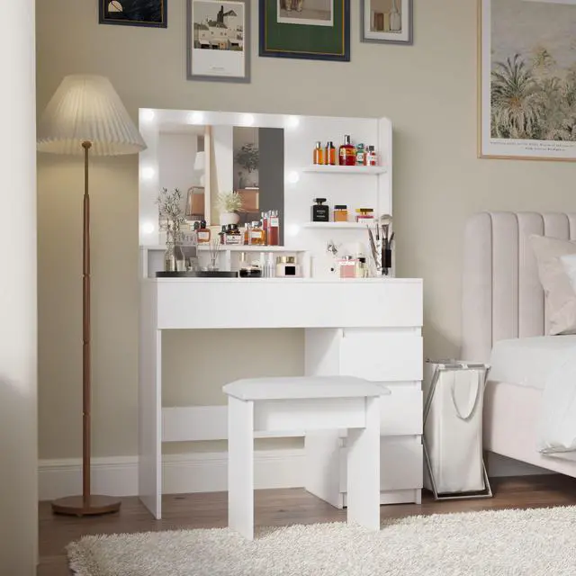Alt view image 2 of 7 - Vanity, Makeup Vanity Desk Set with Mirror & Light, Dressing Table Storage Lots , 3 Lighting Modes with Adjustable Brightness, White with Stool