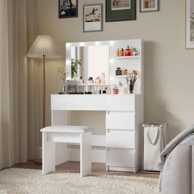 Alt view image 3 of 7 - Vanity, Makeup Vanity Desk Set with Mirror & Light, Dressing Table Storage Lots , 3 Lighting Modes with Adjustable Brightness, White with Stool