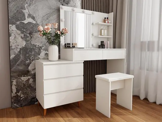 Alt view image 2 of 7 - LED Lighted Makeup Vanity Table with Mirror - White Beauty Station with Storage Drawers, Matching Stool, and Organizing Compartments for Makeup Brushes and Cosmetics