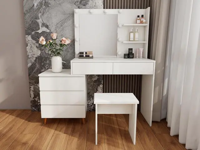 Alt view image 3 of 7 - LED Lighted Makeup Vanity Table with Mirror - White Beauty Station with Storage Drawers, Matching Stool, and Organizing Compartments for Makeup Brushes and Cosmetics