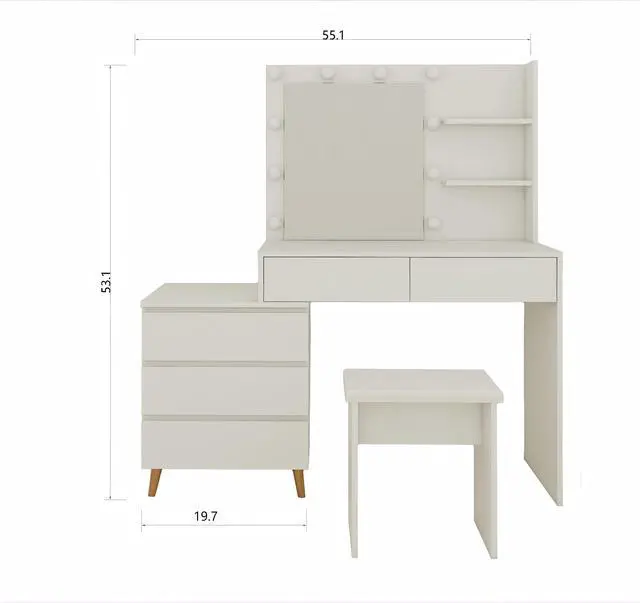 Alt view image 5 of 7 - LED Lighted Makeup Vanity Table with Mirror - White Beauty Station with Storage Drawers, Matching Stool, and Organizing Compartments for Makeup Brushes and Cosmetics