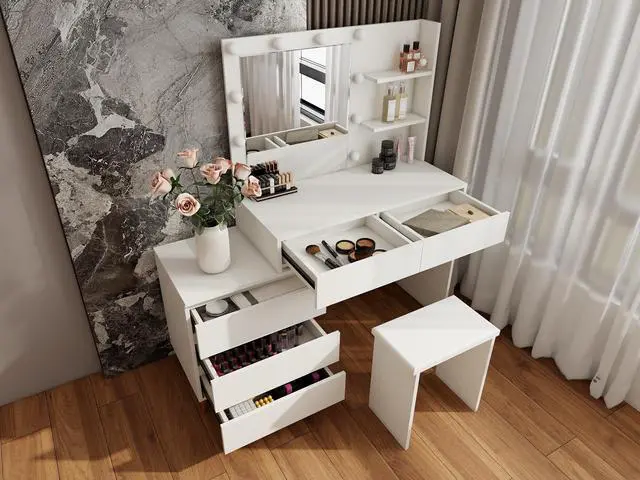 Alt view image 4 of 7 - LED Lighted Makeup Vanity Table with Mirror - White Beauty Station with Storage Drawers, Matching Stool, and Organizing Compartments for Makeup Brushes and Cosmetics