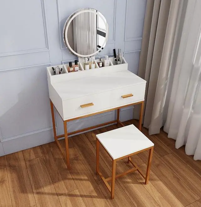 Alt view image 5 of 7 - Vanity Set with Mirror and Stool - Makeup Vanity Table with Storage Drawers and Organizer, White and Gold, Space-Saving Design for Small Bedrooms