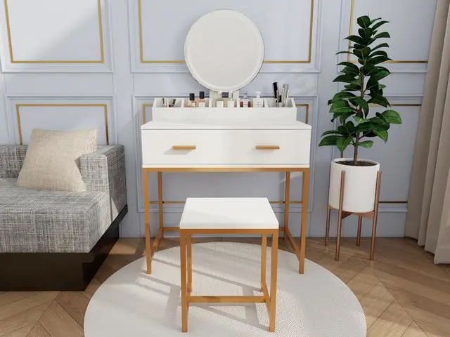 Main image of Vanity Set with Mirror and Stool - Makeup Vanity Table with Storage Drawers and Organizer, White and Gold, Space-Saving Design for Small Bedrooms