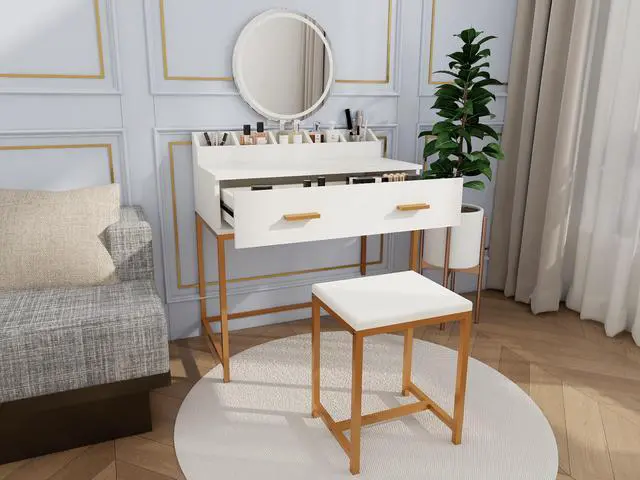 Alt view image 3 of 7 - Vanity Set with Mirror and Stool - Makeup Vanity Table with Storage Drawers and Organizer, White and Gold, Space-Saving Design for Small Bedrooms